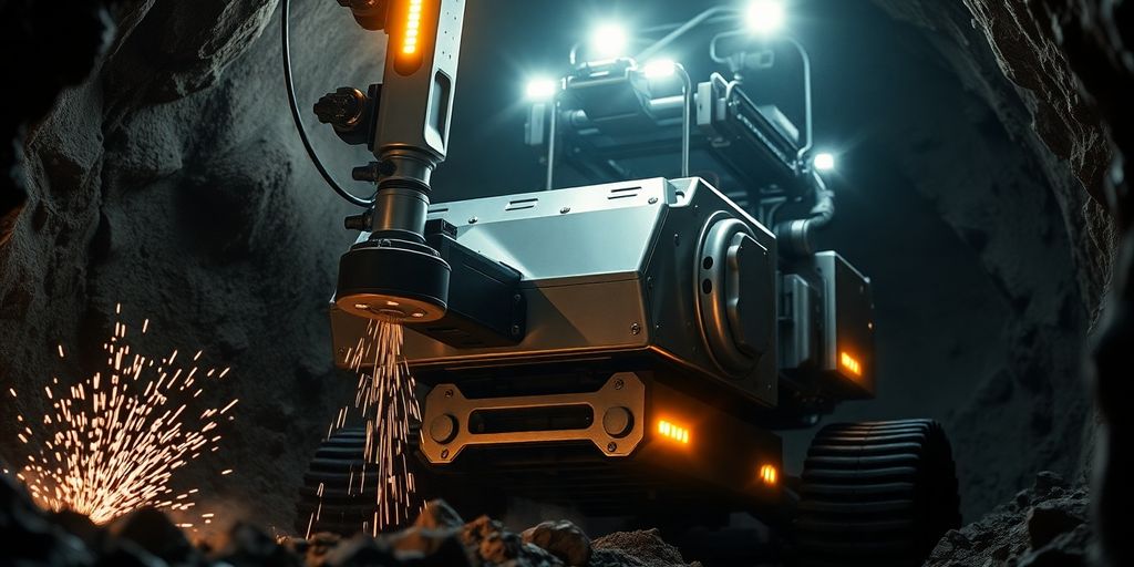 Mining robot drilling rock underground.