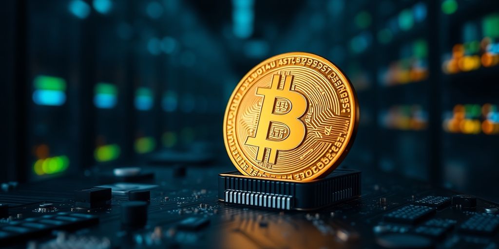 Glowing bitcoin on microchip.