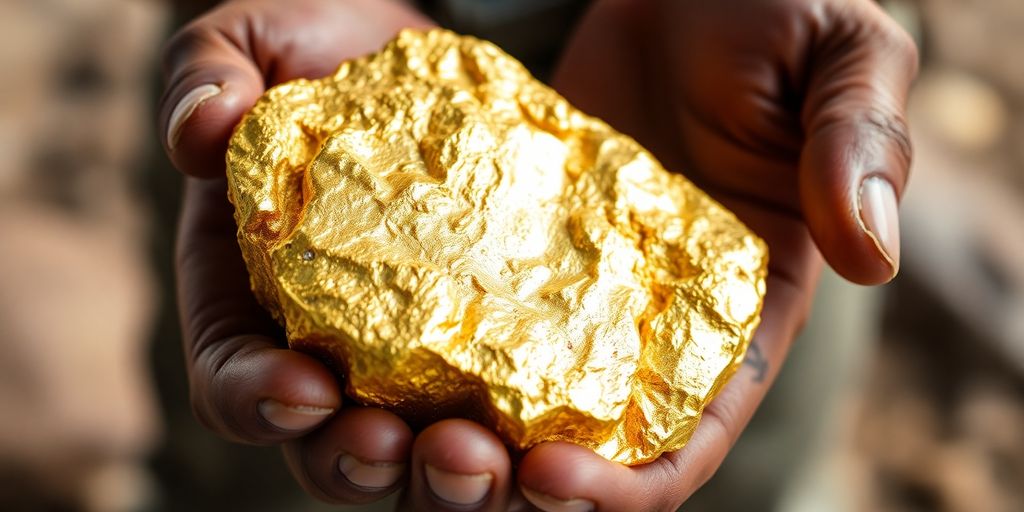 Close-up of a hand holding a gold nugget.
