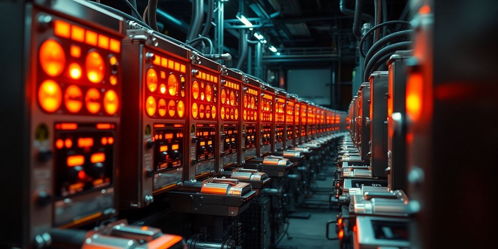 Shiny mining equipment illuminated in a dark room.