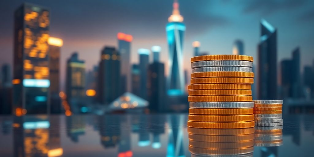 Digital coins on a futuristic cityscape.