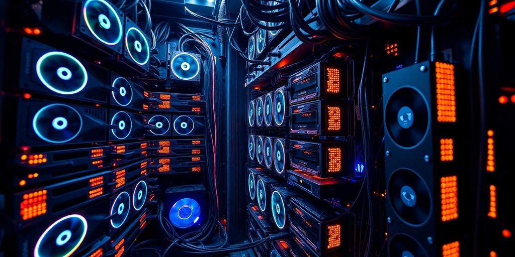 Close-up of powerful mining rig. Glowing lights.