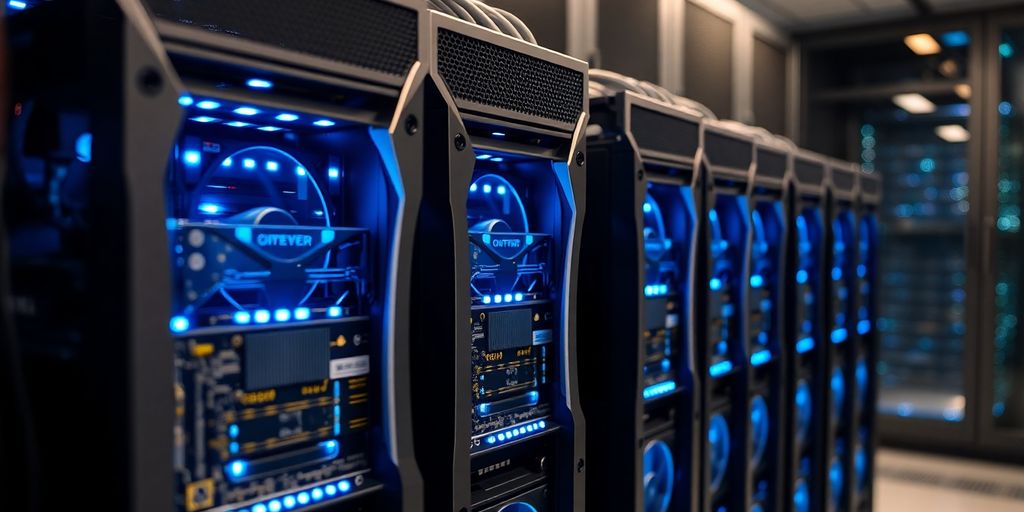 Close-up of sleek, modern mining hardware in a server room.